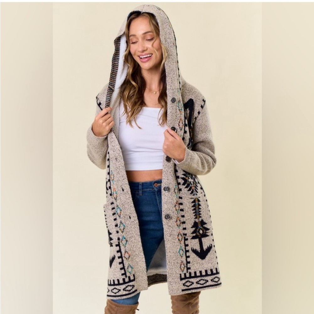 SHERPA LINED Hooded Sweater Cardigan Tan tweed Thick multicolor